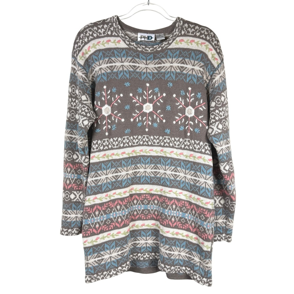 Fair Isle Snowflake Tunic Sweater Womens M Brown Nordic Longline Vintage Cozy